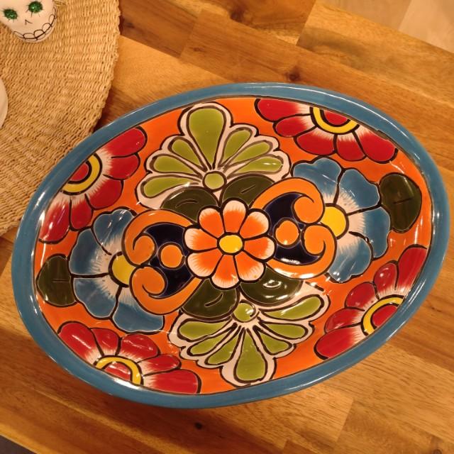 メキシコ　グアナファト焼　楕円深皿　ブルー　大皿　カレー皿　ボウル　サラダボウル　メキシコ料理　