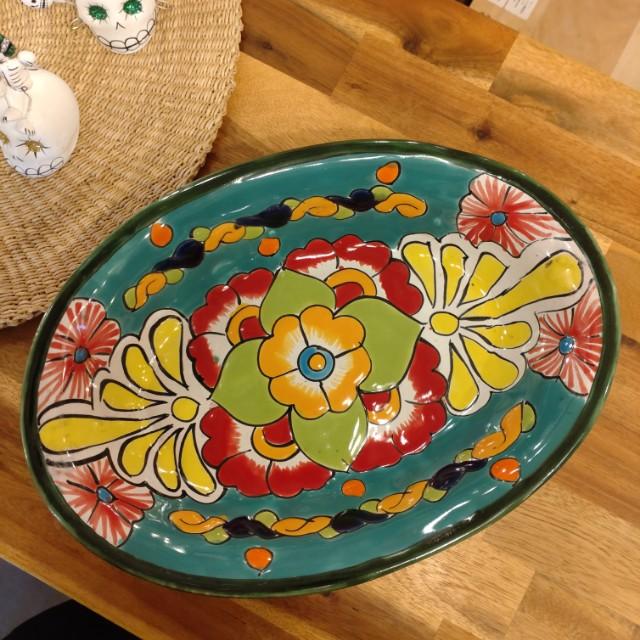 メキシコ　グアナファト焼　楕円深皿　グリーン　大皿　カレー皿　ボウル　サラダボウル　メキシコ料理　