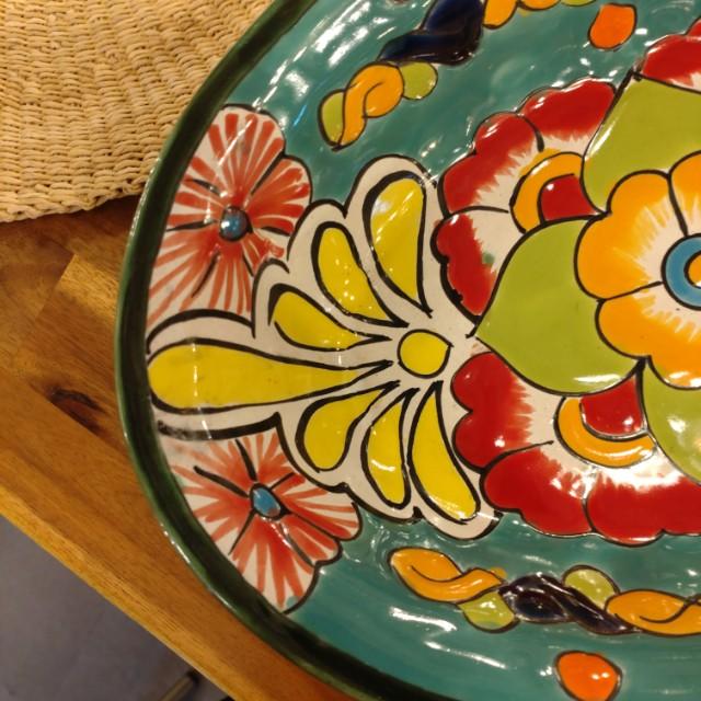 メキシコ　グアナファト焼　楕円深皿　グリーン　大皿　カレー皿　ボウル　サラダボウル　メキシコ料理　