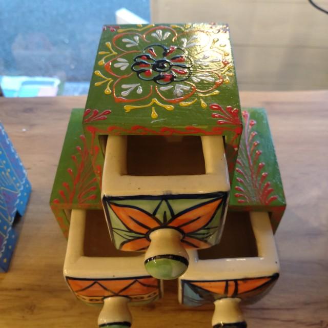 INDIA　BLUE POTTERY　3DRAWERS CHEST　２COLORS IN TOTAL　DRAWER　OBJECT　ENTRANCE STORAGE　MEHNDI ART　KEY CASE　SEAL HOLDER　
