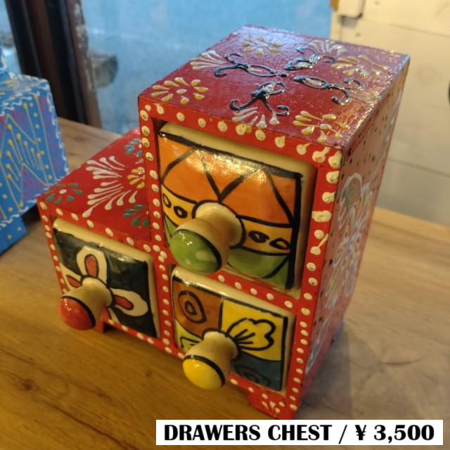 INDIA　BLUE POTTERY　3DRAWERS CHEST　RED TYPE D　DRAWER　OBJECT　ENTRANCE STORAGE　MEHNDI ART　KEY CASE　SEAL HOLDER　