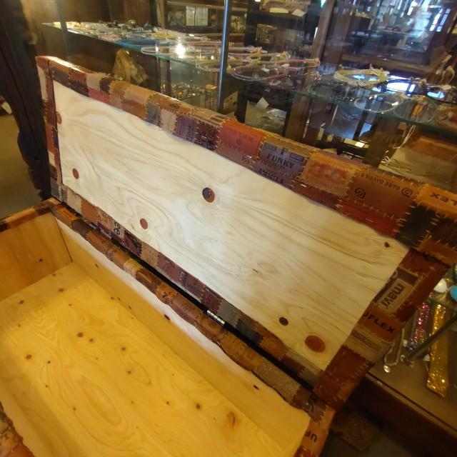 【受注生産】TOPANGA Funiture　デニムレザーパッチボックスベンチ　スツール　2人掛け　古材　ダイニング　長椅子　ボックス
