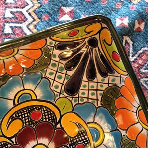 メキシコ　グアナファト焼　四角深皿　グリーン 　ディナープレート　大皿　盛り付け　パーティー　角皿