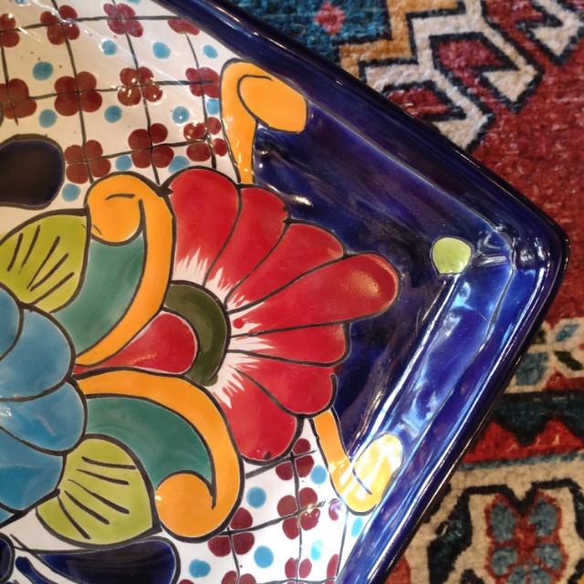 メキシコ　グアナファト焼　四角深皿　ネイビー 　ディナープレート　大皿　盛り付け　パーティー　角皿