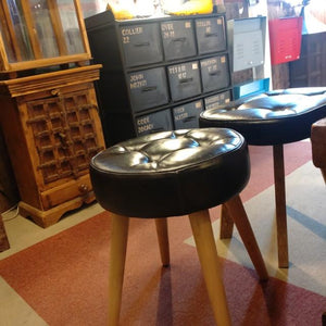 LEATHER　WOODEN　ROUND STOOL　　Cow Leather Genuine Leather Mango Wood