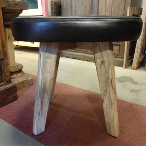 LEATHER WOODEN SQUARE STOOL Cow Leather Genuine Leather Mango Wood