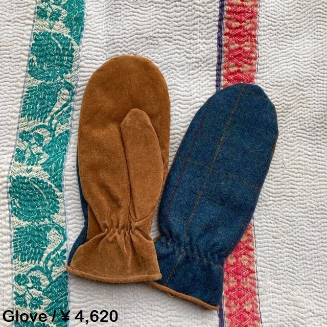 チェックツイードミトン　ブルー×ブラウン