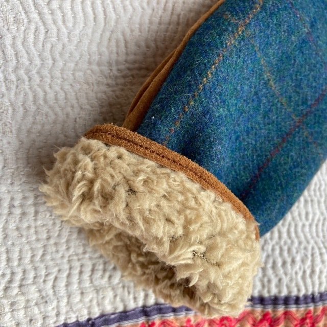 チェックツイードミトン　ブルー×ブラウン