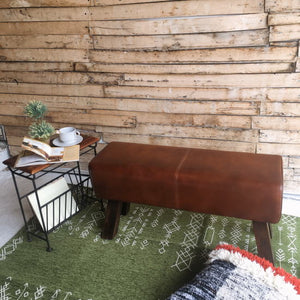 Indian goat leather bench, genuine leather, wood stool, two-seater